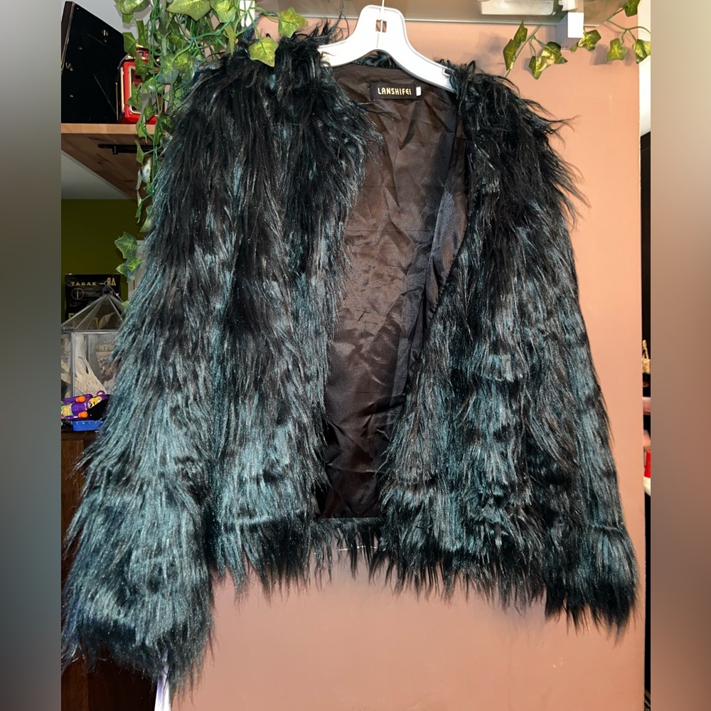 Teal color faux fur coat